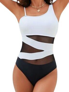 Blooming Jelly White & Black Mesh One Shoulder Women's Monokini Swimsuit Size XL